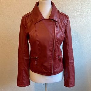 NEW SHEN XUAN Faux Leather Jacket Zip Front Pockets & Sleeves Red Size M
